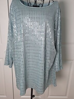 Bob Mackie NWT Sequin Top 3X Blue Sparkle Tunic Plus Size Glam